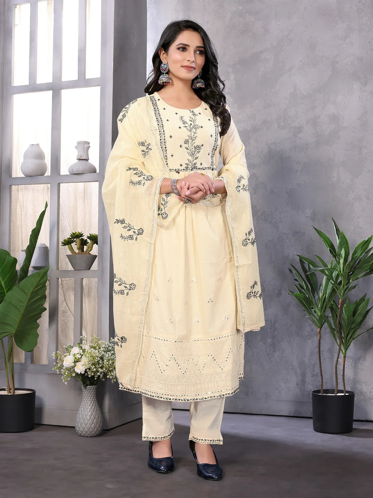 Buy Cotton Embroidered Calf Length A-line Kurta With Pant and Dupatta-Cream