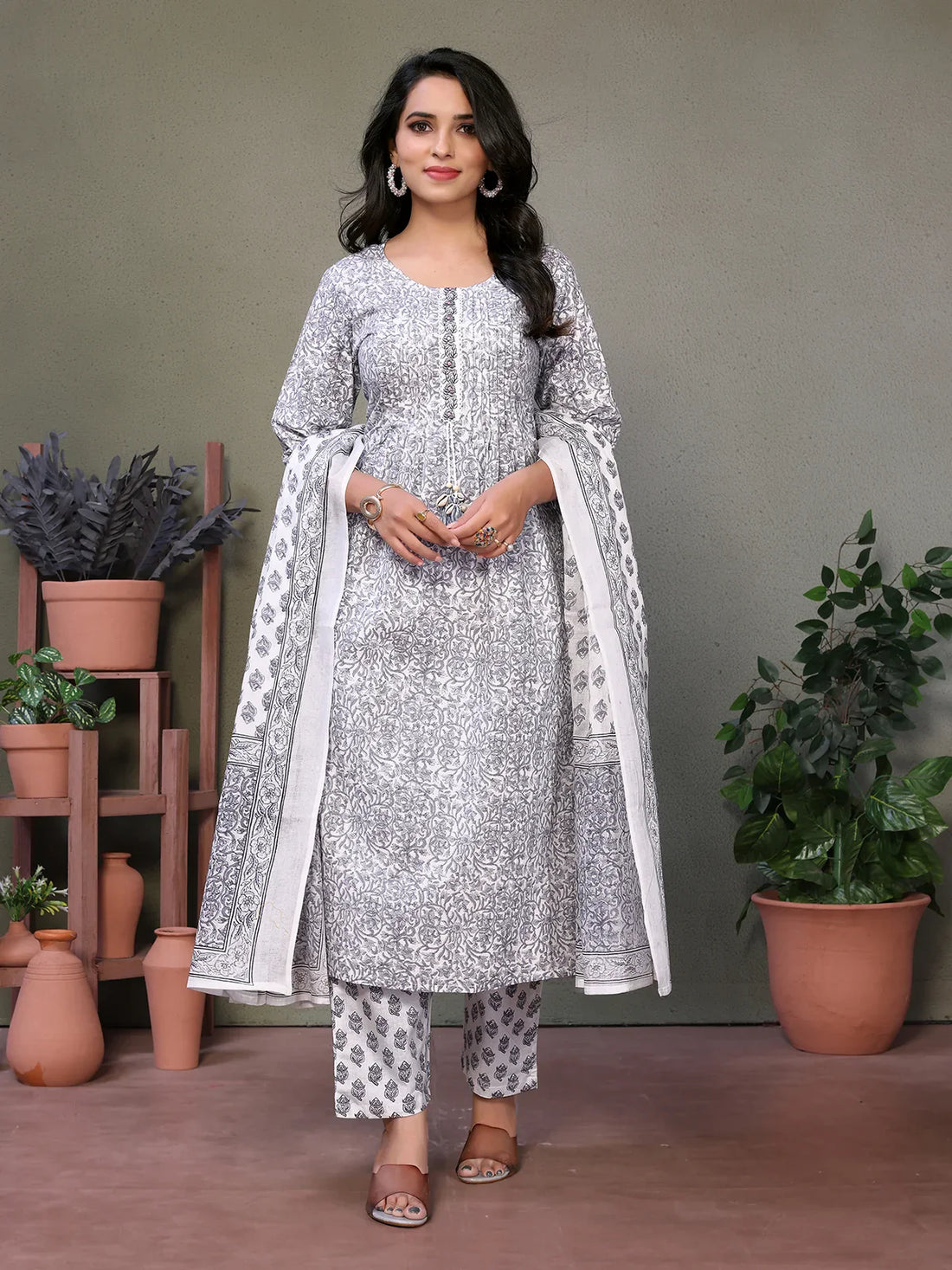 Buy Cotton Embroidered Calf Length A-Line Kurta With Pant And Dupatta-Grey