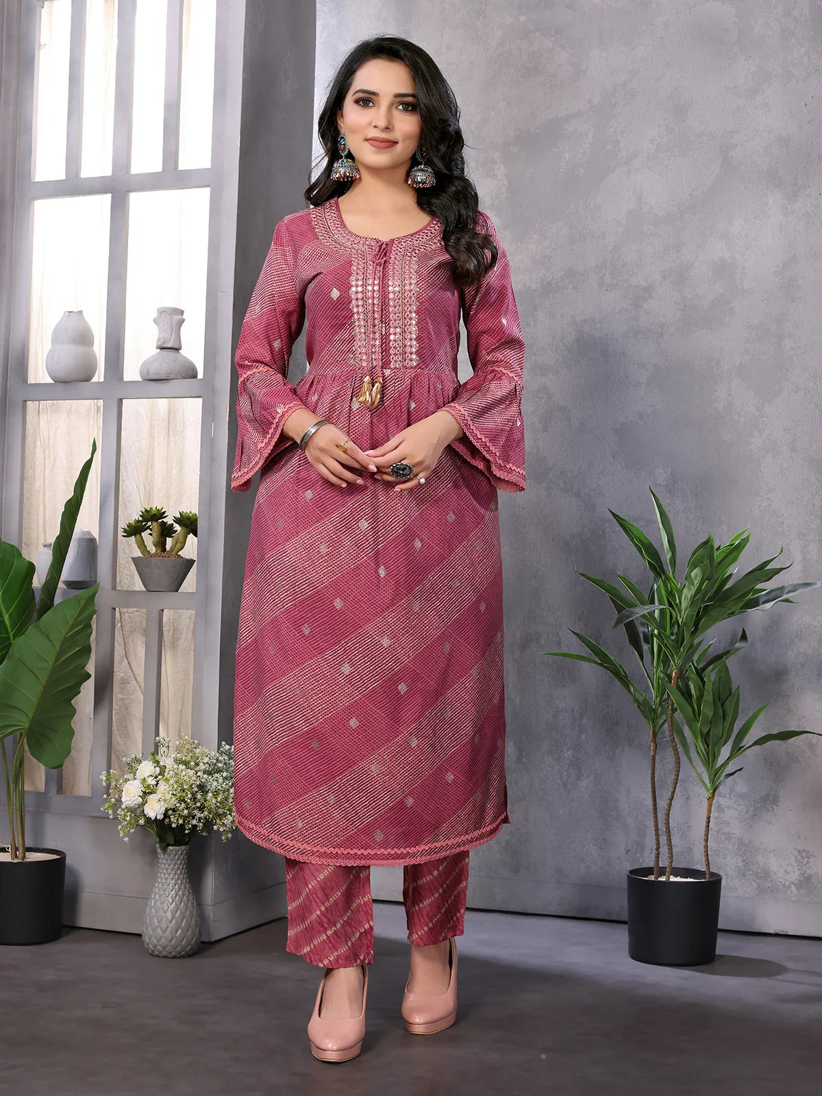 Buy Chanderi Embroidered Calf Length A-line Kurta With Pant-Maroon