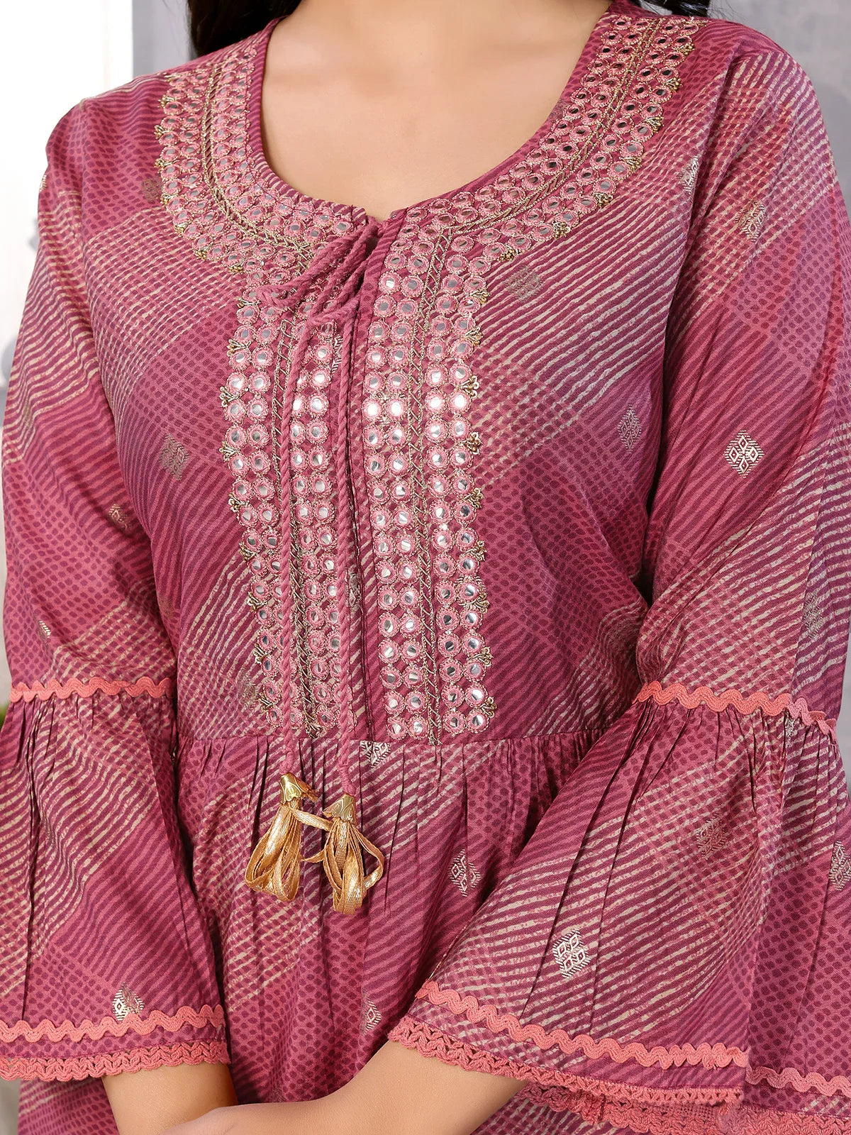 Buy Chanderi Embroidered Calf Length A-line Kurta With Pant-Maroon