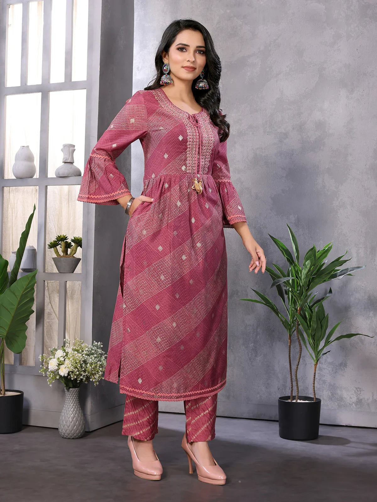 Buy Chanderi Embroidered Calf Length A-line Kurta With Pant-Maroon