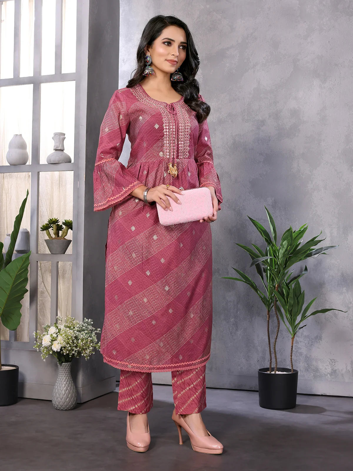 Buy Chanderi Embroidered Calf Length A-line Kurta With Pant-Maroon