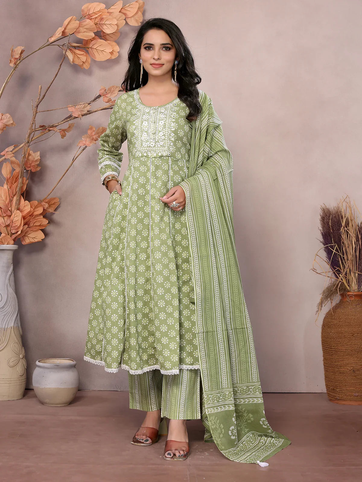 Buy Cotton Embroidered Calf Length Anarkali Kurta With Pant And Dupatta-Green