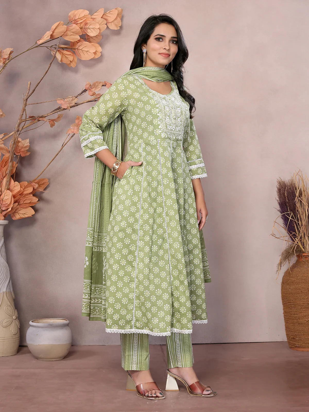 Buy Cotton Embroidered Calf Length Anarkali Kurta With Pant And Dupatta-Green