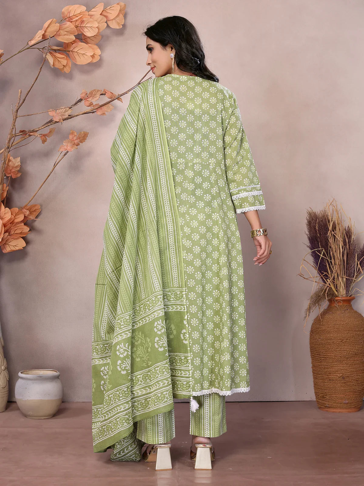 Buy Cotton Embroidered Calf Length Anarkali Kurta With Pant And Dupatta-Green