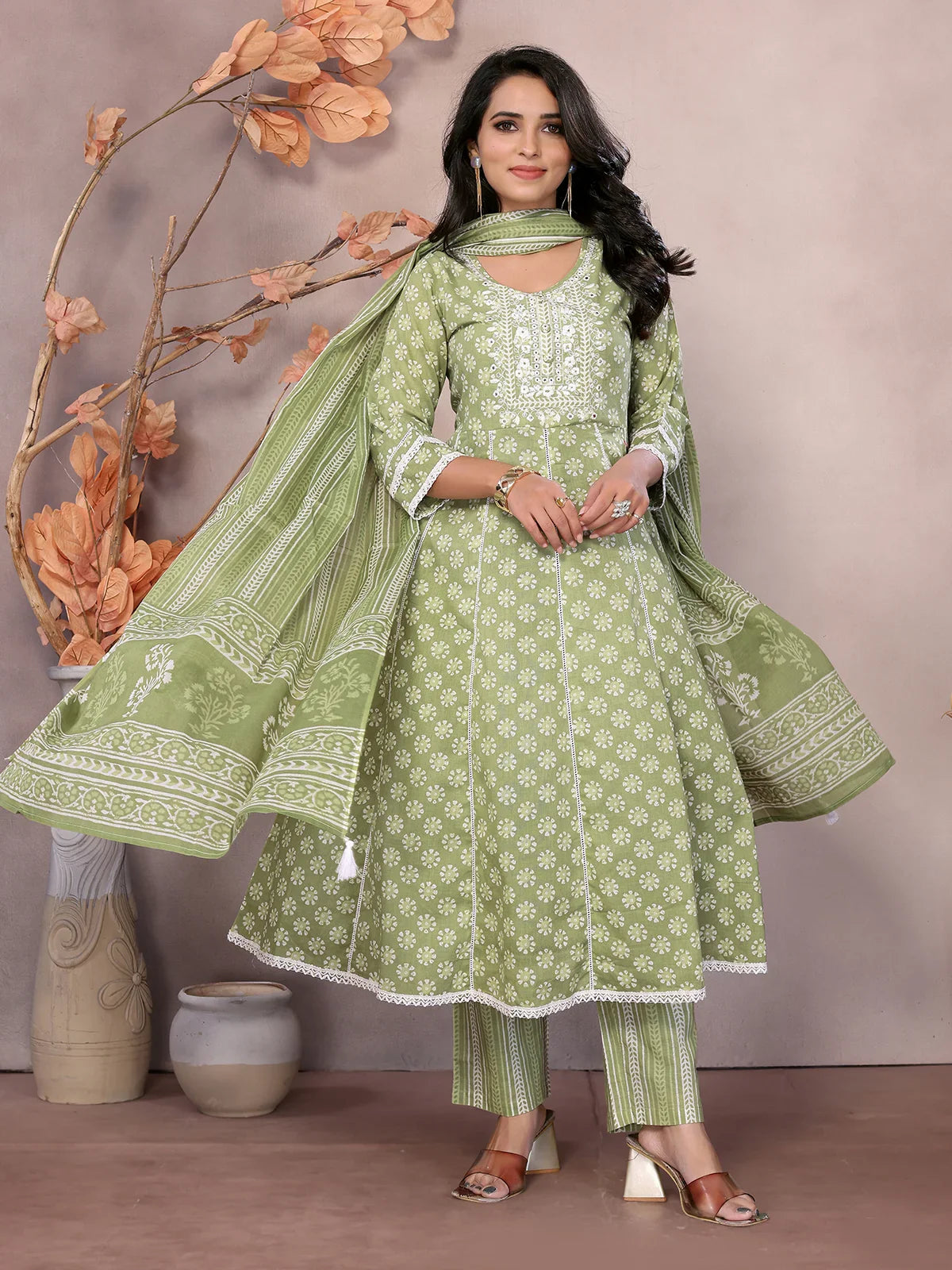 Buy Cotton Embroidered Calf Length Anarkali Kurta With Pant And Dupatta-Green