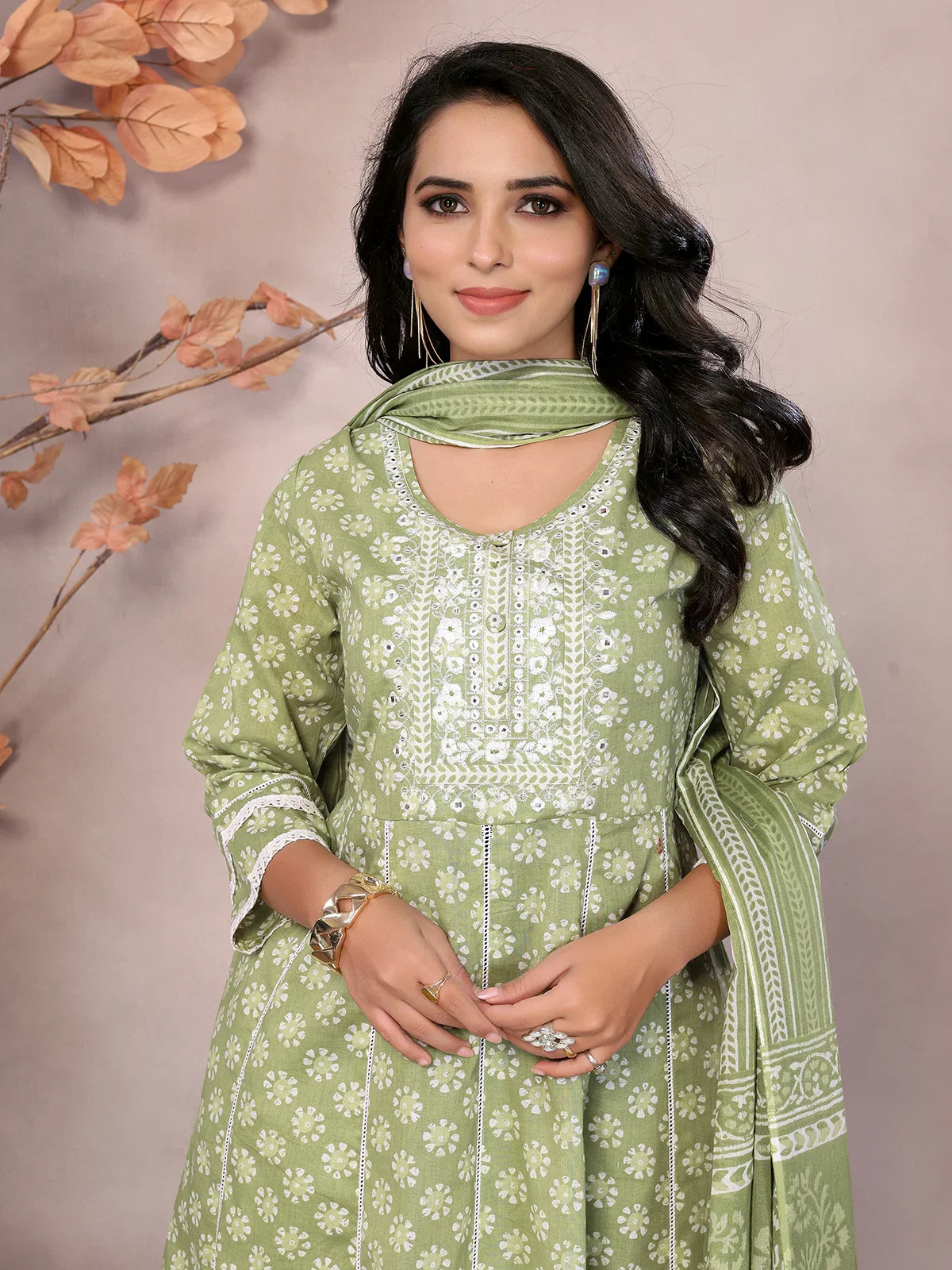 Buy Cotton Embroidered Calf Length Anarkali Kurta With Pant And Dupatta-Green