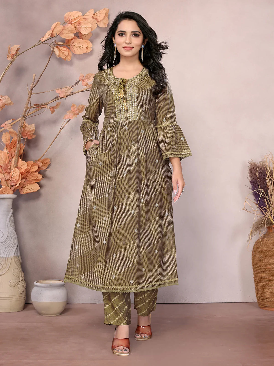 Buy Chanderi Embroidered Calf Length A-line Kurta With Pant-Olive