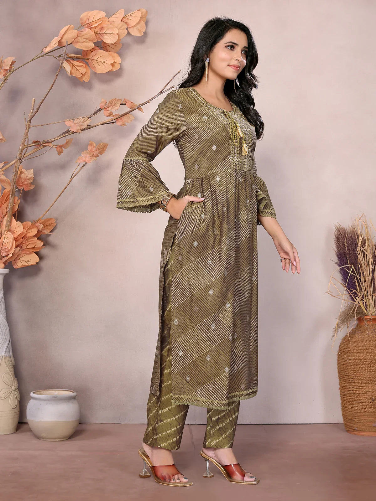 Buy Chanderi Embroidered Calf Length A-line Kurta With Pant-Olive