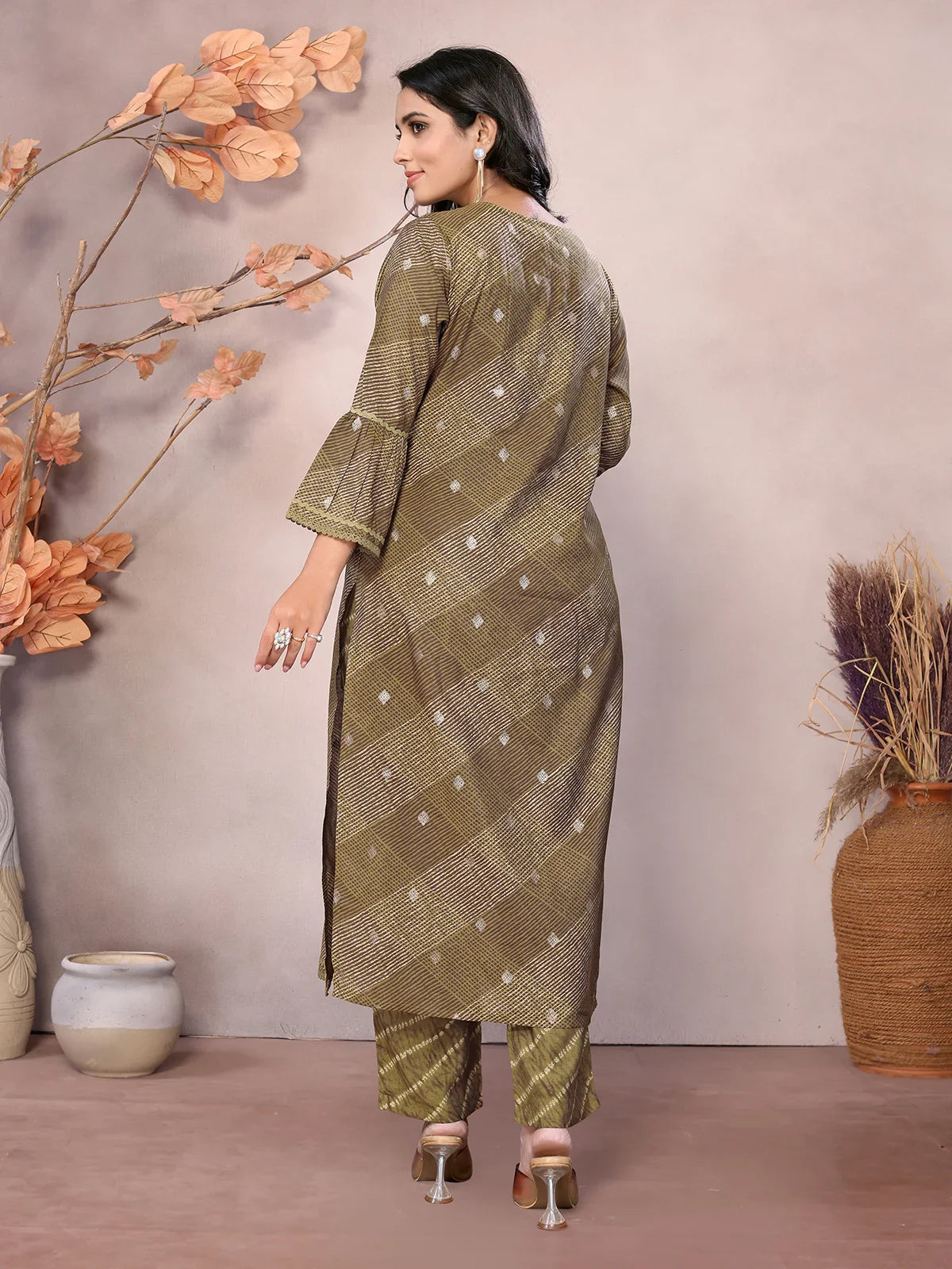 Buy Chanderi Embroidered Calf Length A-line Kurta With Pant-Olive