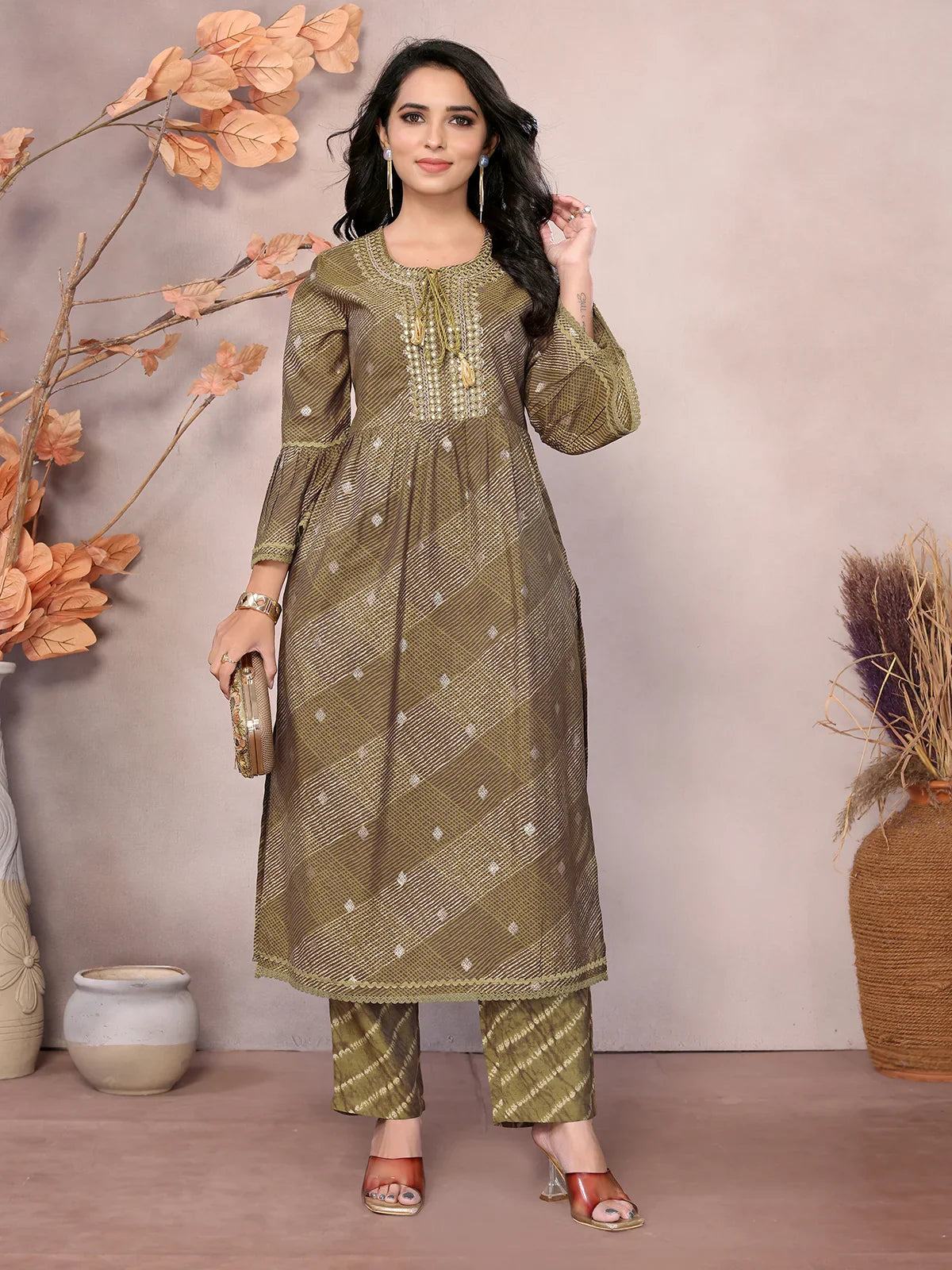 Buy Chanderi Embroidered Calf Length A-line Kurta With Pant-Olive