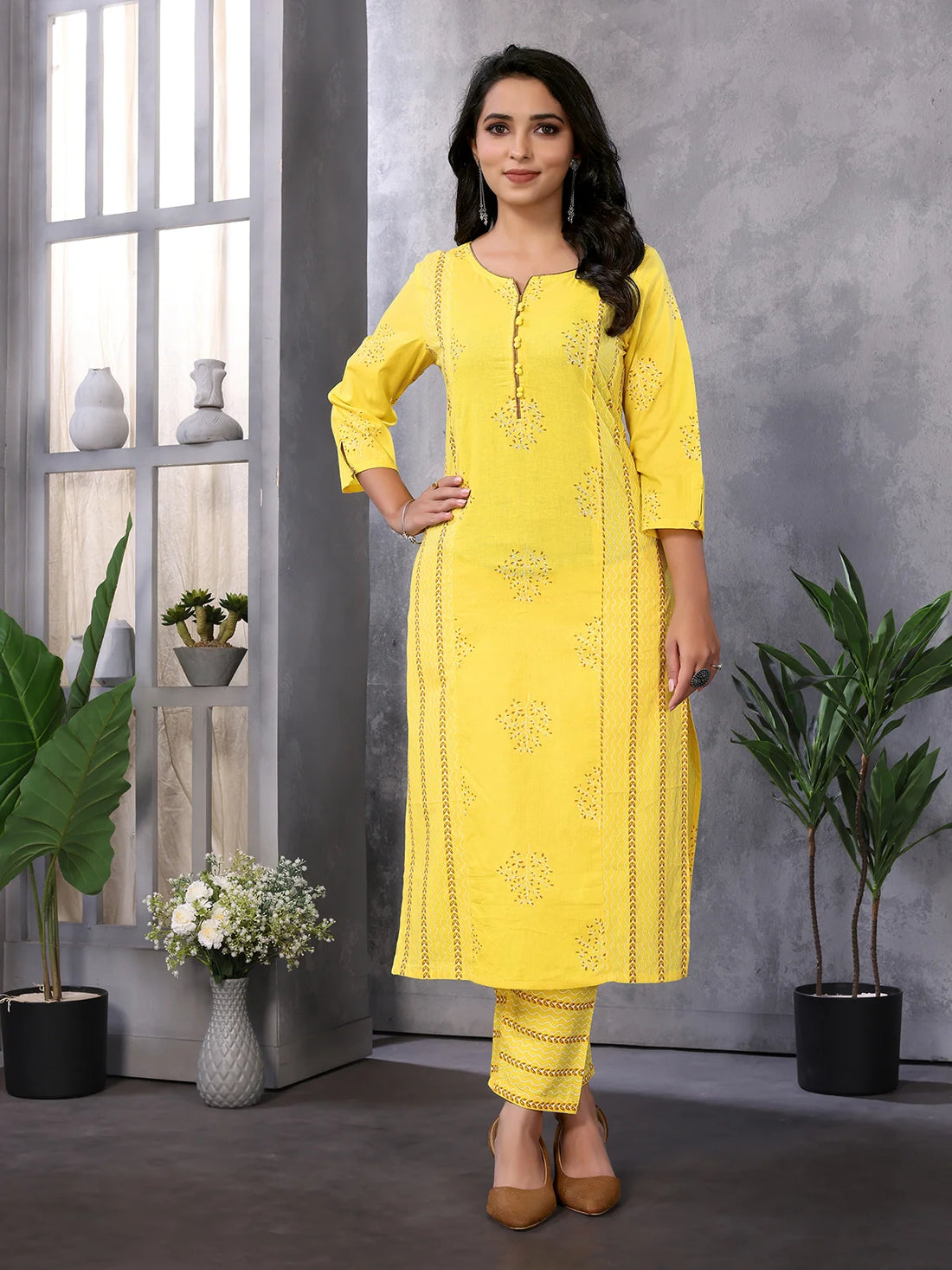 Buy Cotton Printed Calf Length Straight Kurta With Pant-Yellow