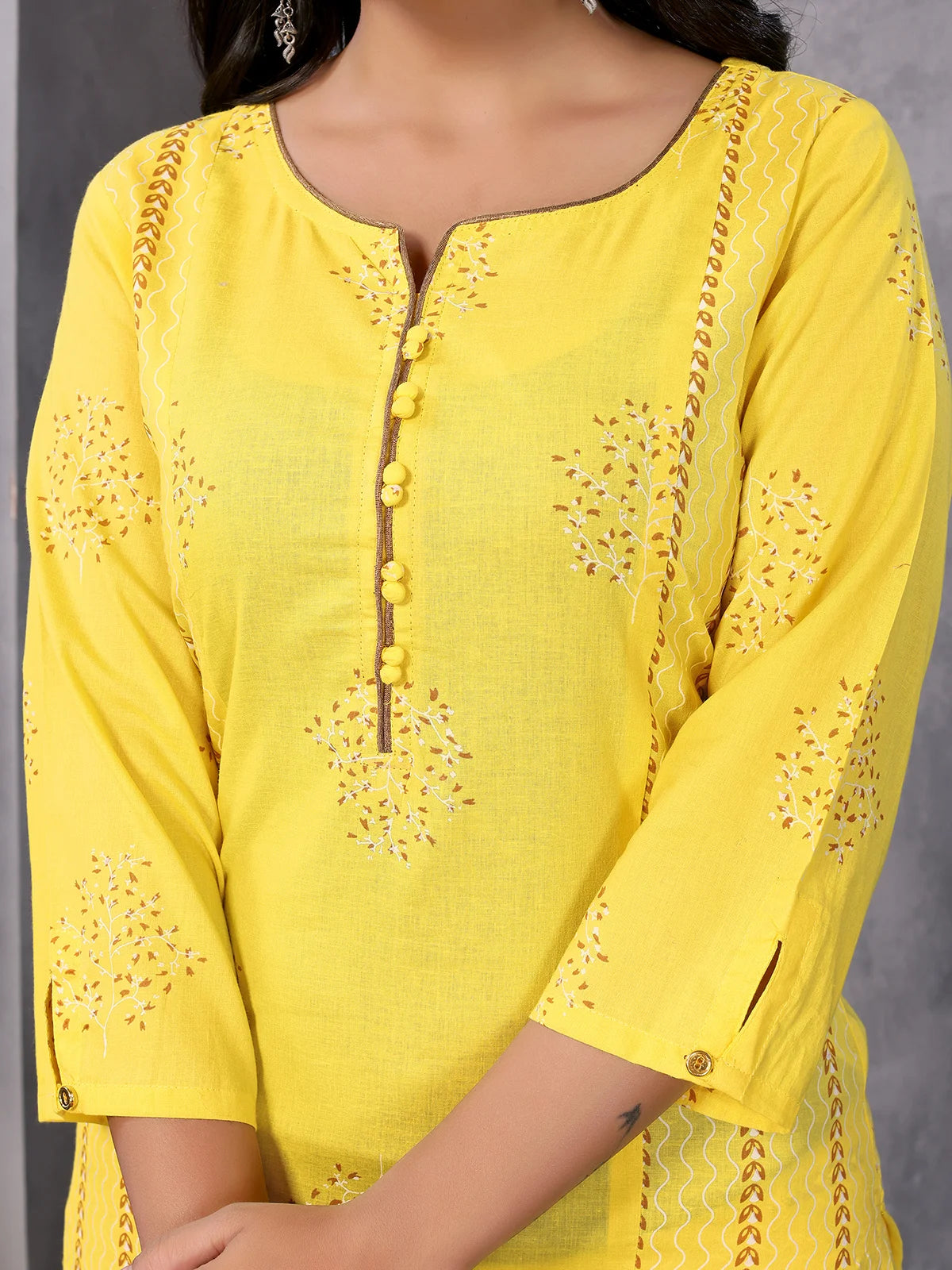 Buy Cotton Printed Calf Length Straight Kurta With Pant-Yellow