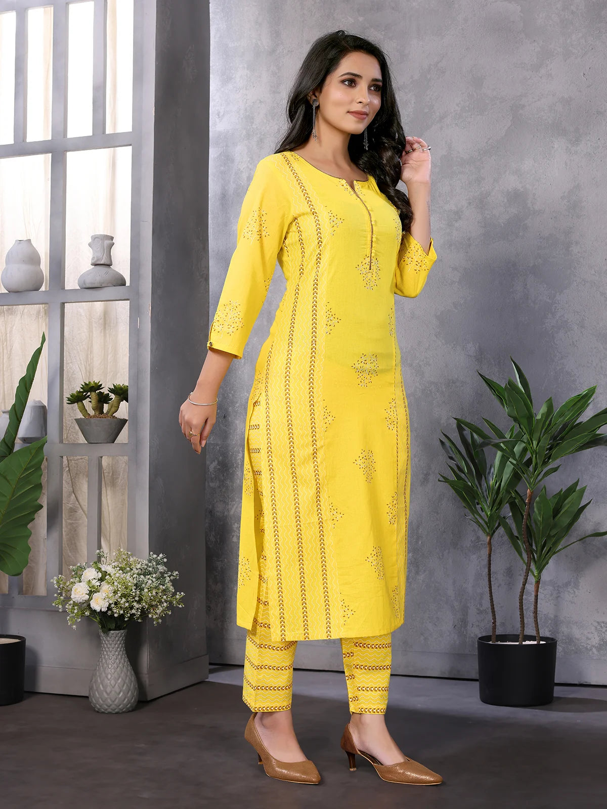 Buy Cotton Printed Calf Length Straight Kurta With Pant-Yellow