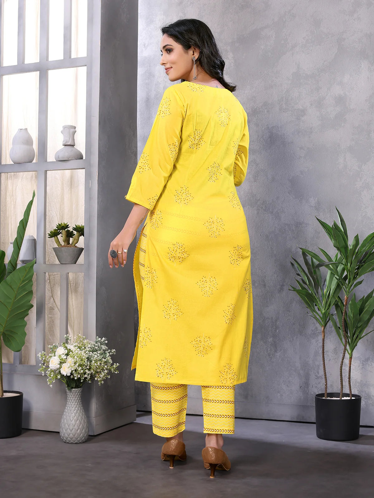 Buy Cotton Printed Calf Length Straight Kurta With Pant-Yellow