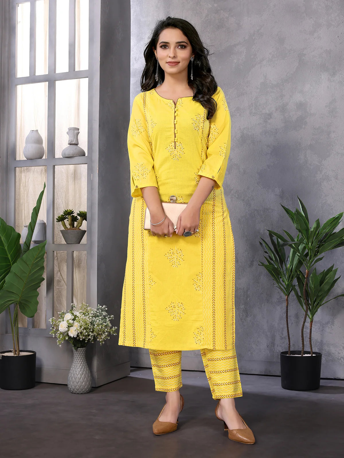 Buy Cotton Printed Calf Length Straight Kurta With Pant-Yellow