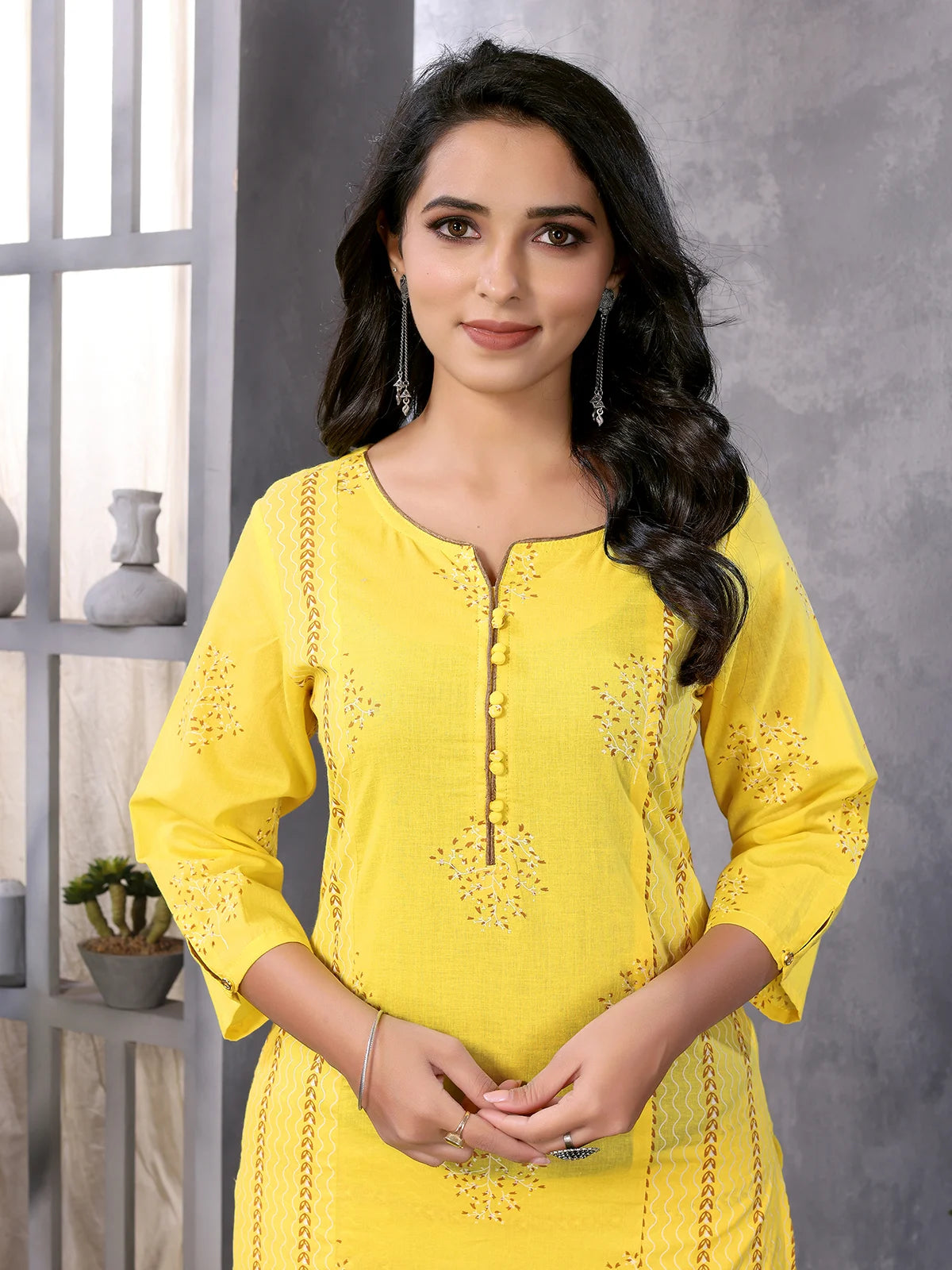 Buy Cotton Printed Calf Length Straight Kurta With Pant-Yellow