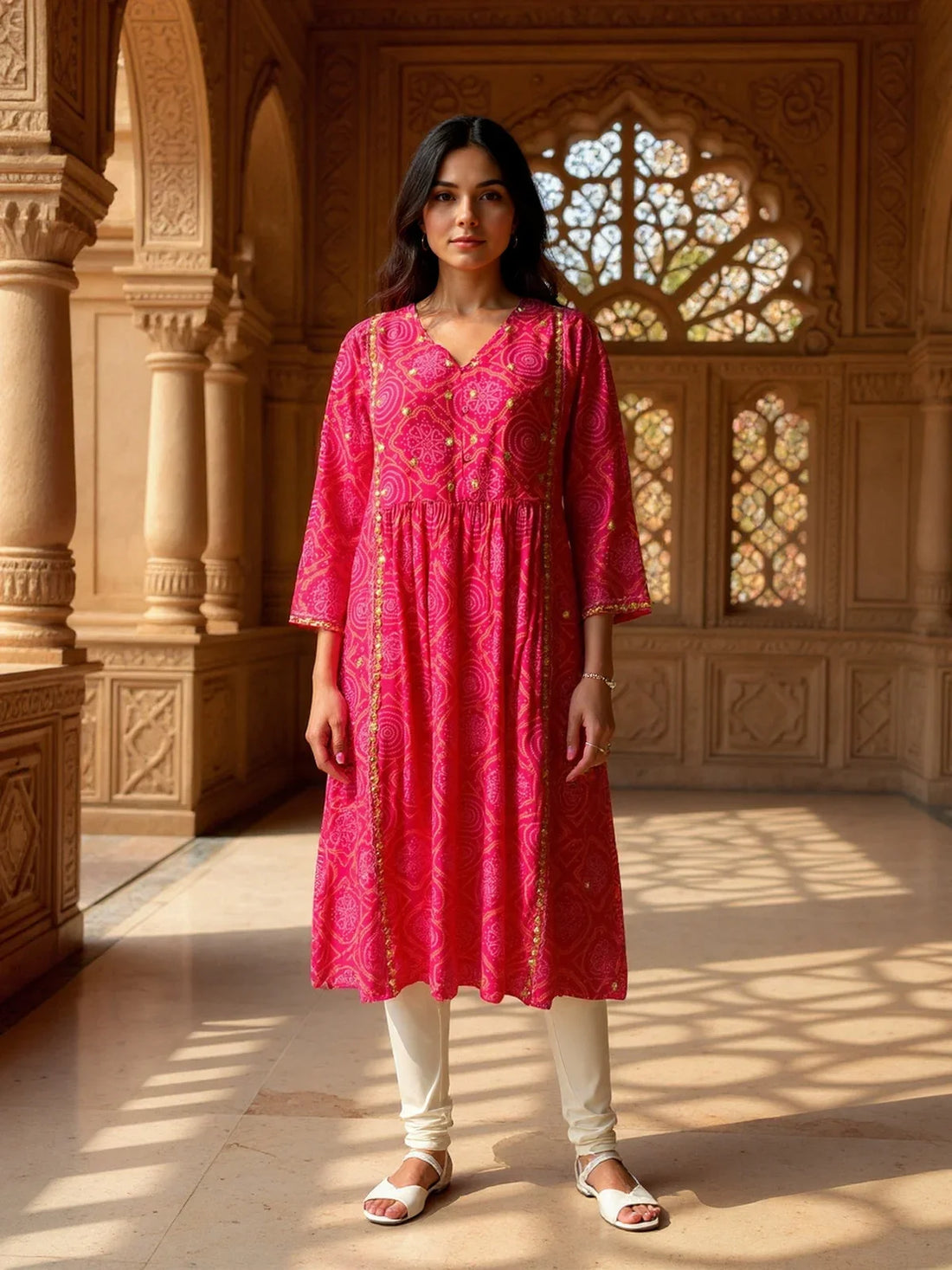 Buy Chanderi Embroidered A-Line Calf Length Kurta-Pink