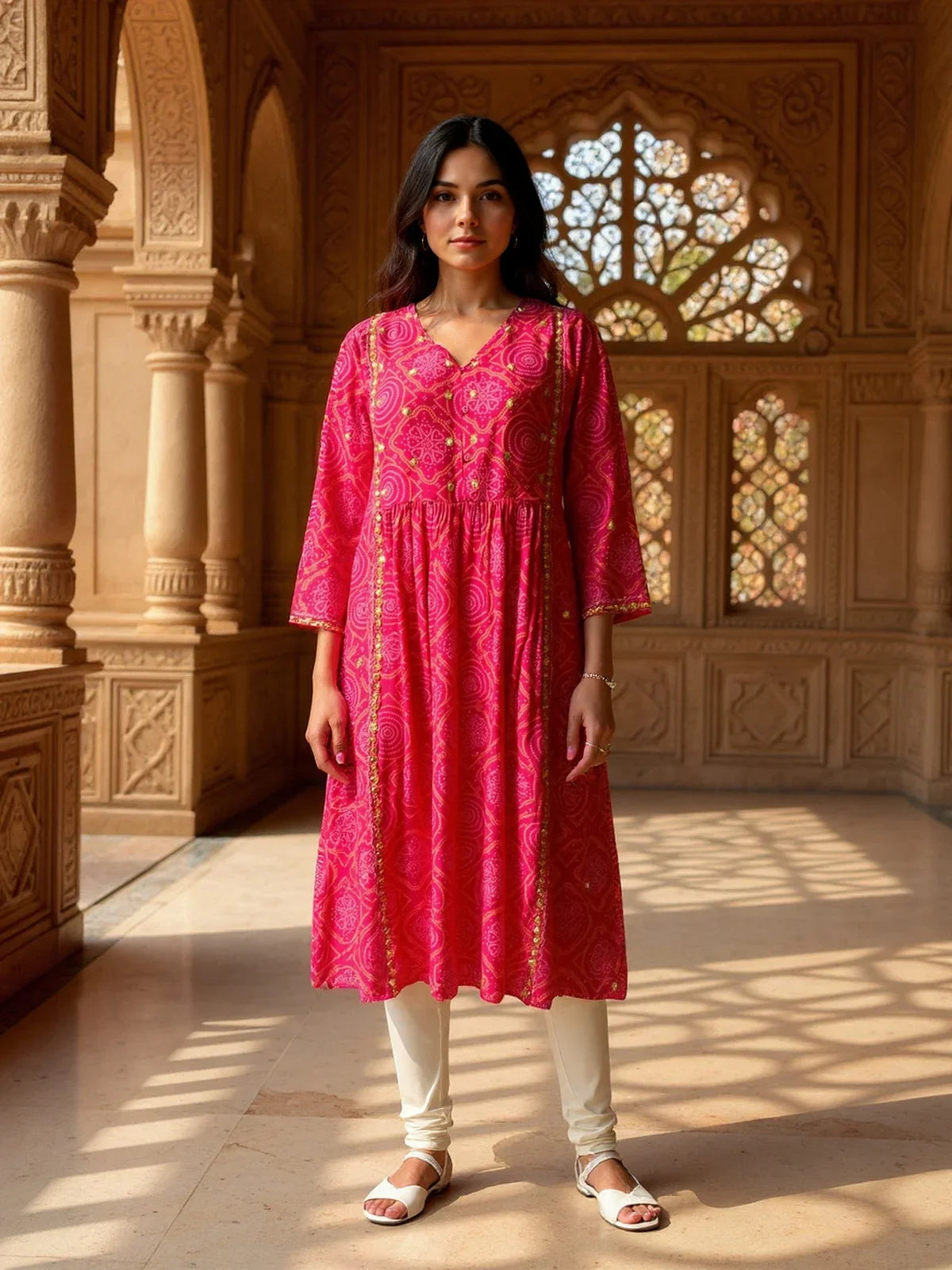 Buy Chanderi Embroidered A-Line Calf Length Kurta-Pink