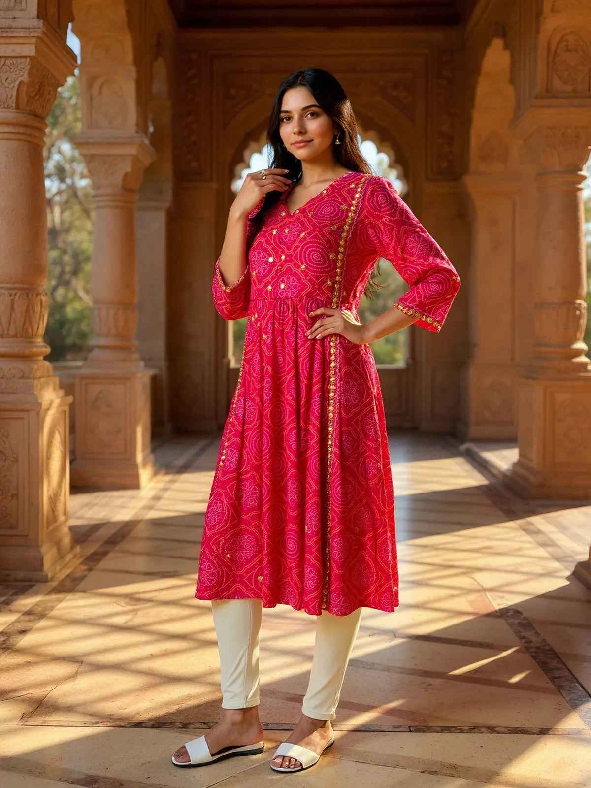 Buy Chanderi Embroidered A-Line Calf Length Kurta-Pink