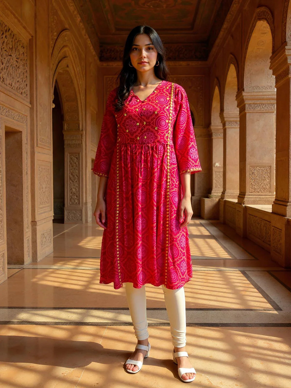 Buy Chanderi Embroidered A-Line Calf Length Kurta-Pink