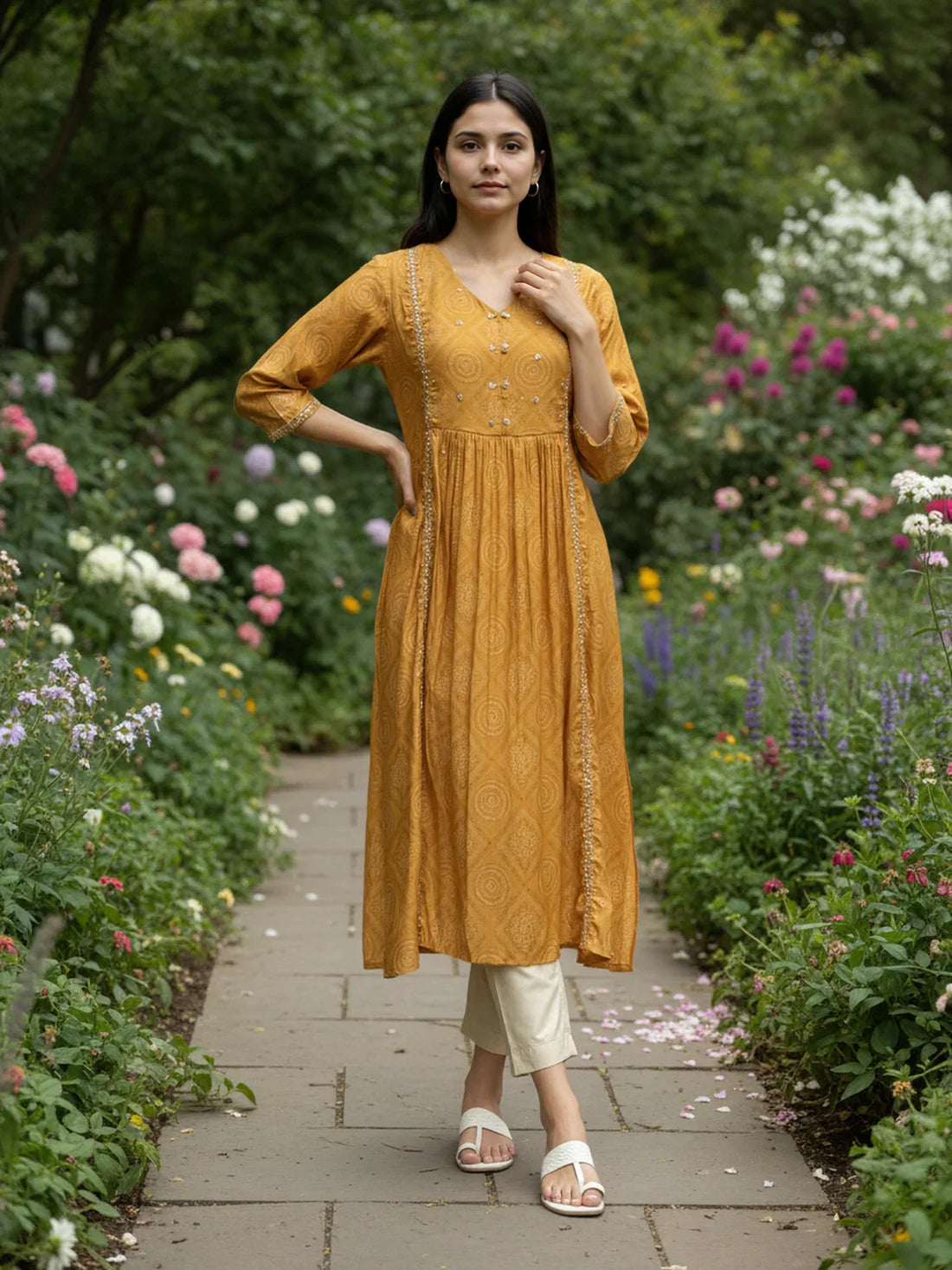 Buy Chanderi Embroidered A-Line Calf Length Kurta-Mustard