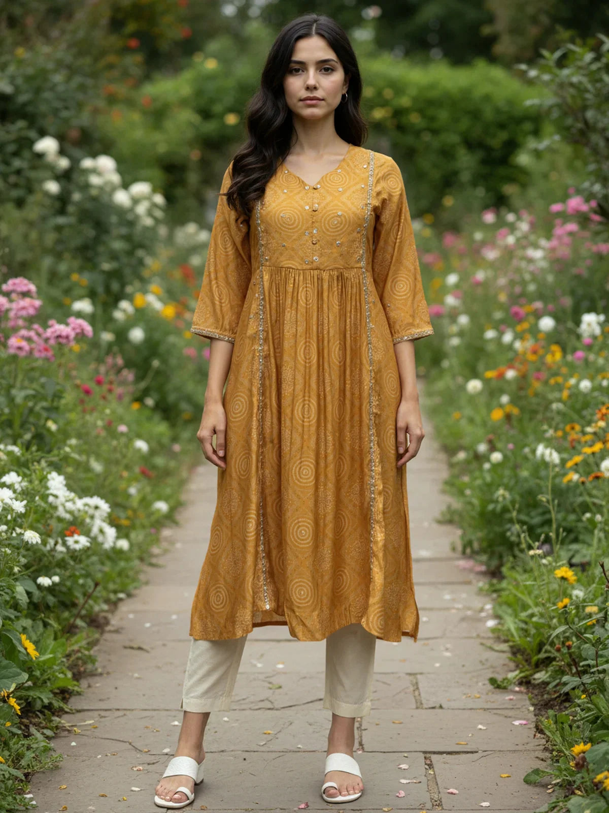 Buy Chanderi Embroidered A-Line Calf Length Kurta-Mustard