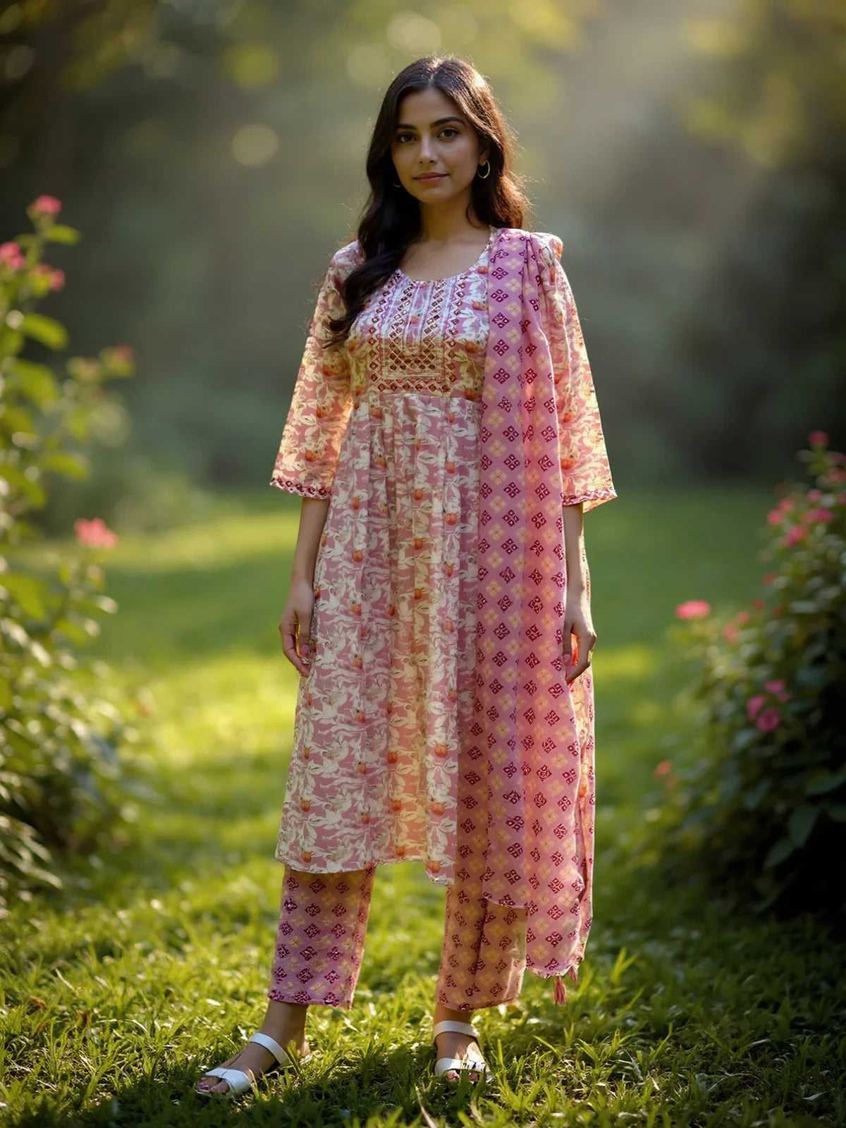 Buy Poly Cotton Embroidered Straight Calf Length Kurta with Pant and Dupatta-Pink