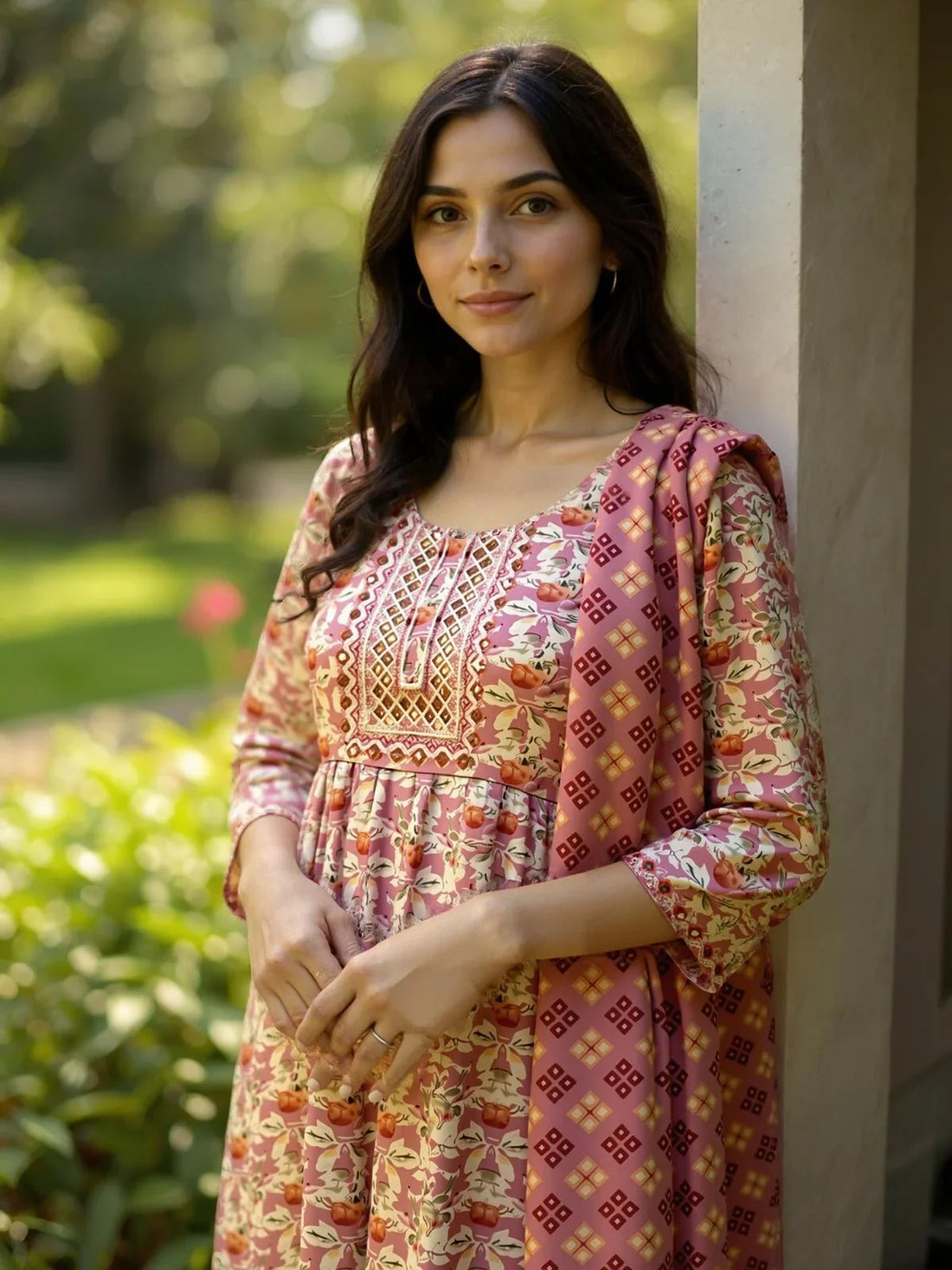 Buy Poly Cotton Embroidered Straight Calf Length Kurta with Pant and Dupatta-Pink