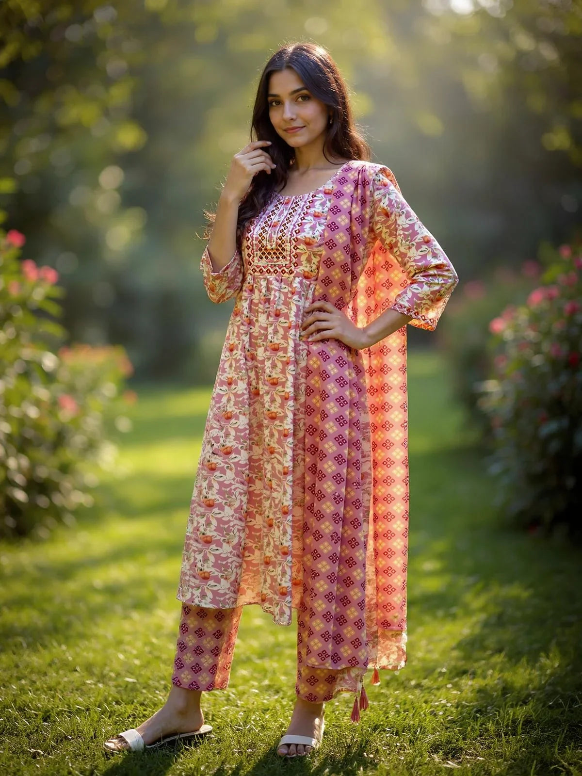 Buy Poly Cotton Embroidered Straight Calf Length Kurta with Pant and Dupatta-Pink