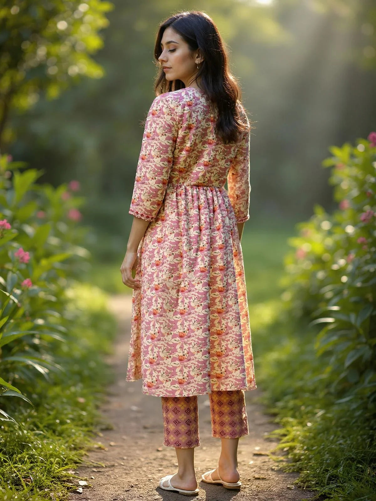 Buy Poly Cotton Embroidered Straight Calf Length Kurta with Pant and Dupatta-Pink