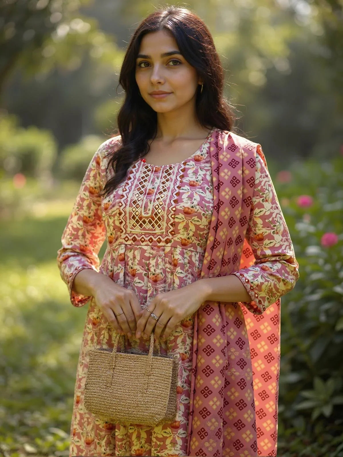 Buy Poly Cotton Embroidered Straight Calf Length Kurta with Pant and Dupatta-Pink
