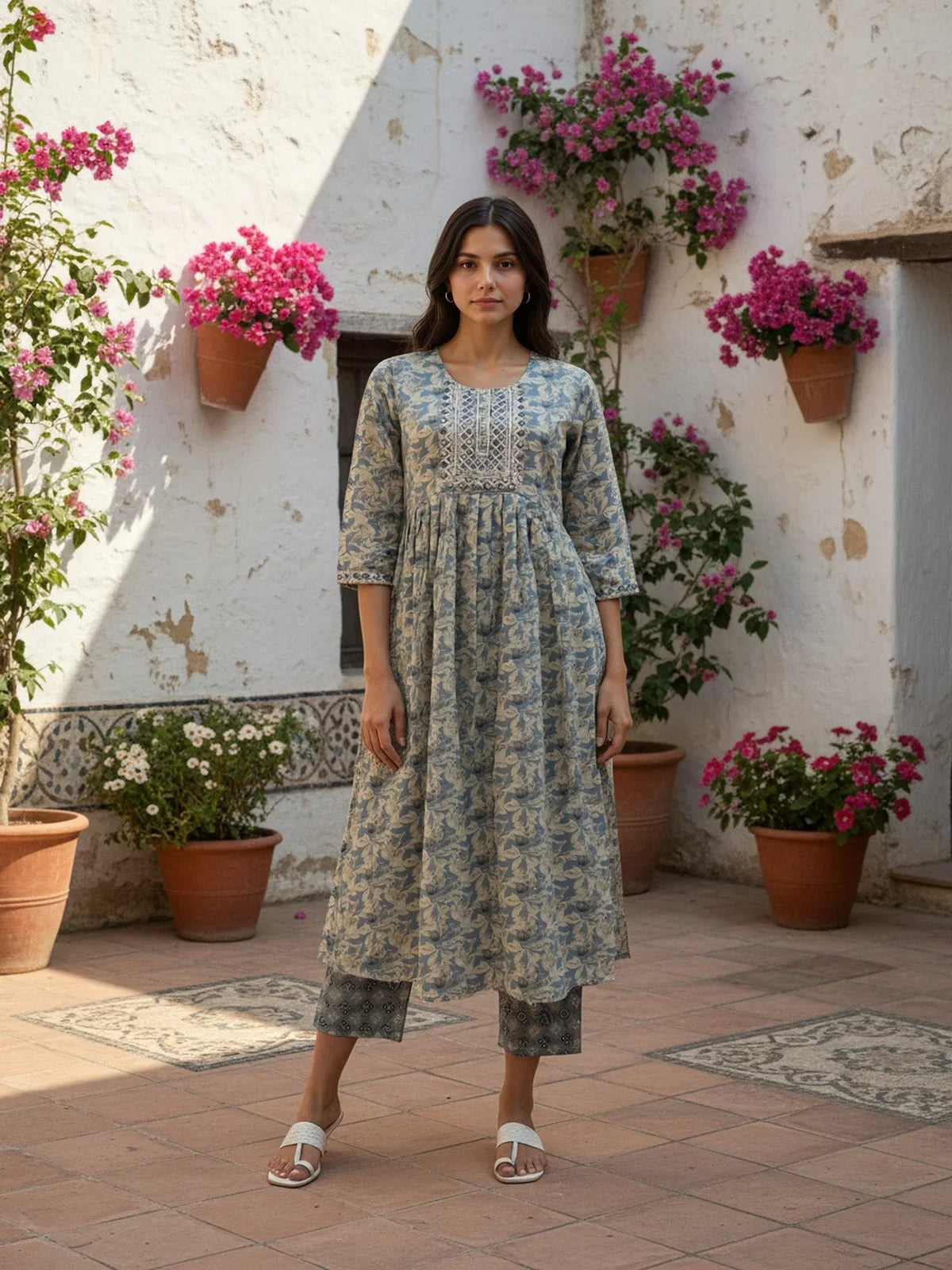Buy Poly Cotton Embroidered Straight Calf Length Kurta with Pant and Dupatta-Grey