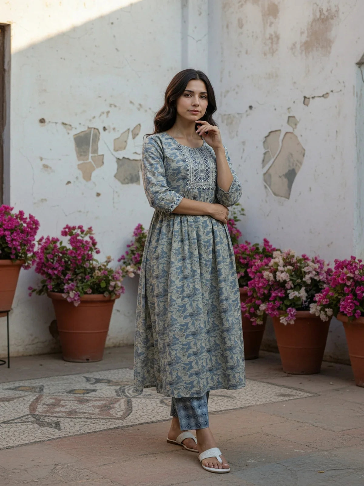 Buy Poly Cotton Embroidered Straight Calf Length Kurta with Pant and Dupatta-Grey