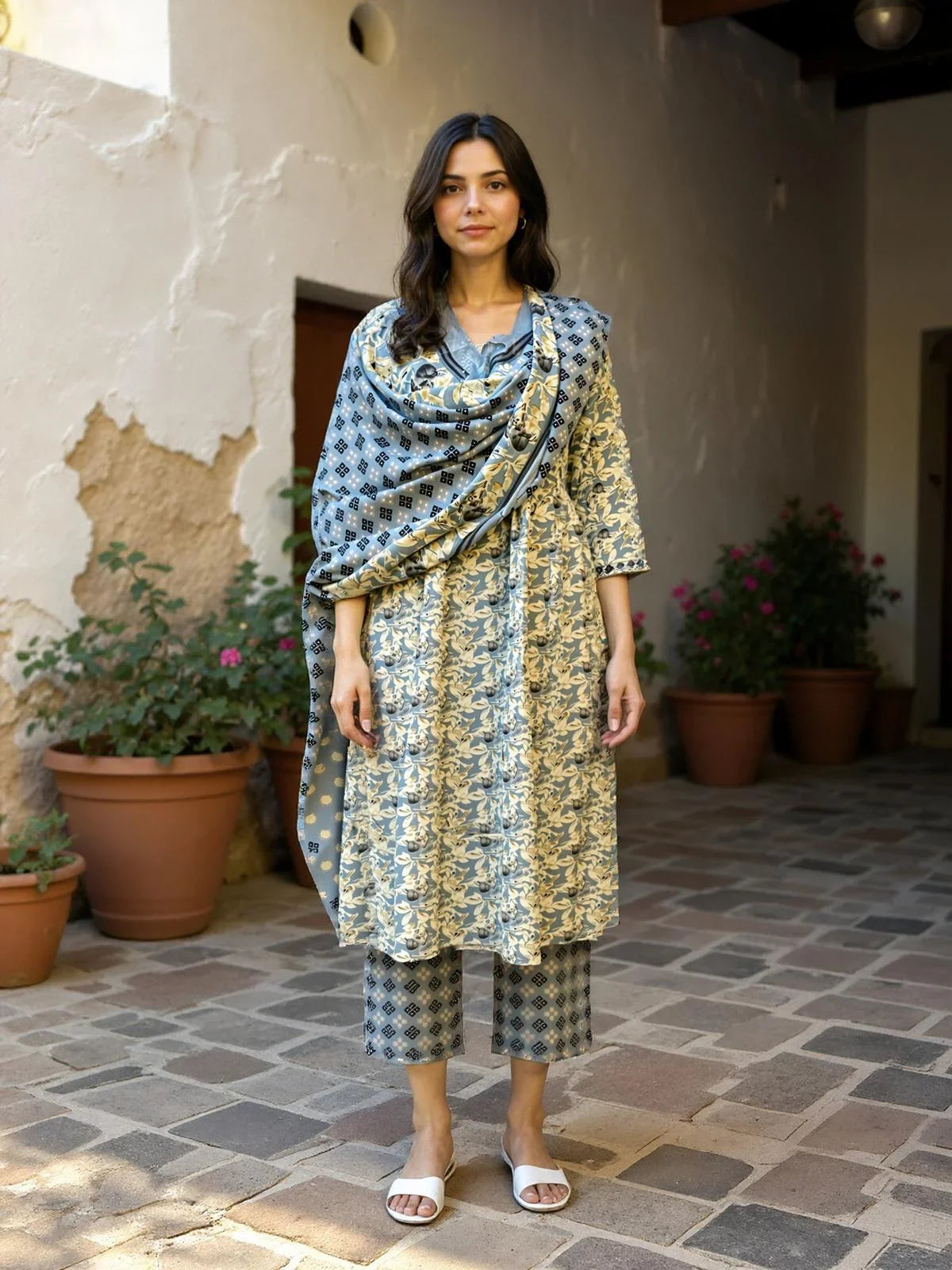 Buy Poly Cotton Embroidered Straight Calf Length Kurta with Pant and Dupatta-Grey