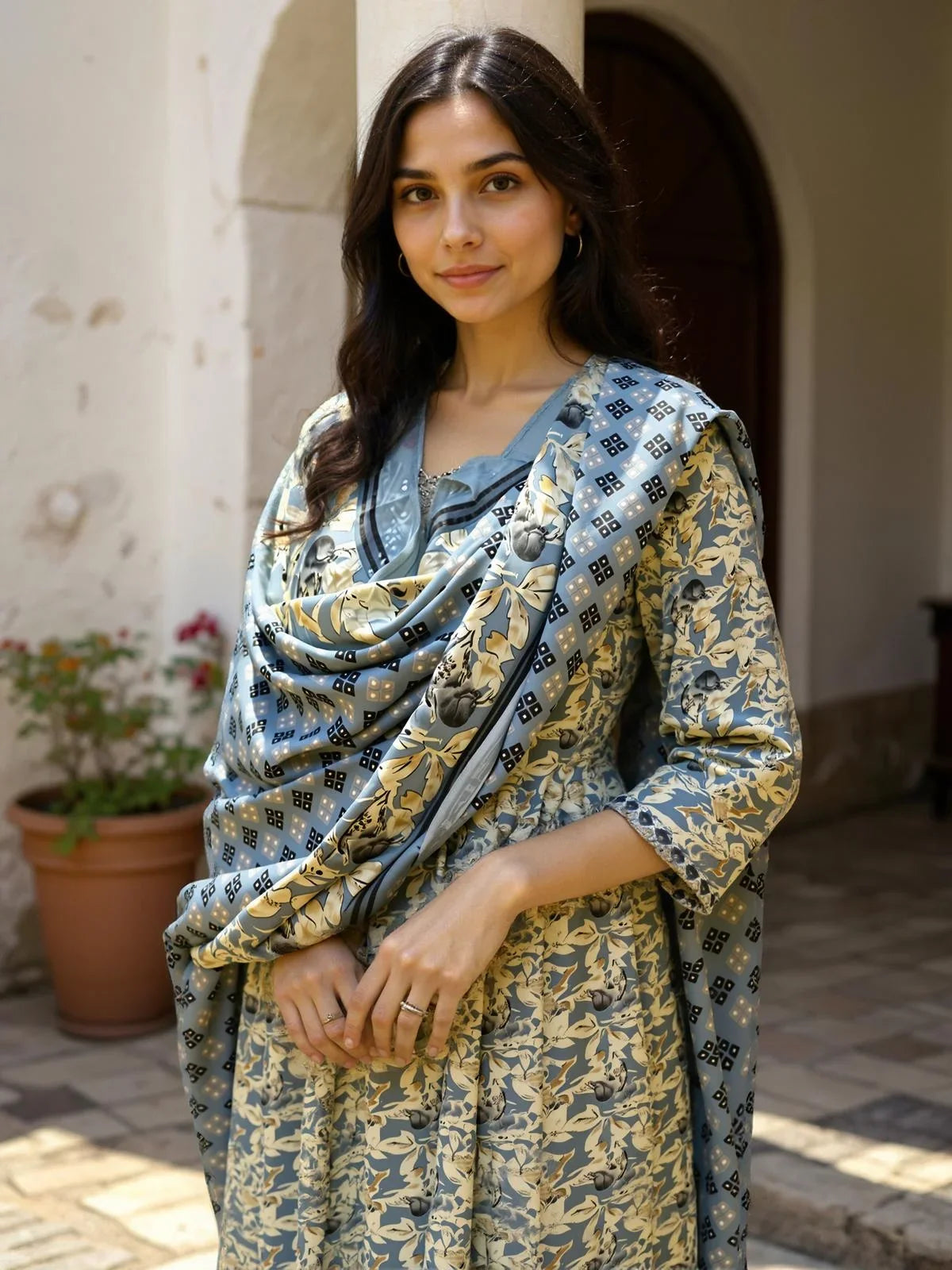 Buy Poly Cotton Embroidered Straight Calf Length Kurta with Pant and Dupatta-Grey