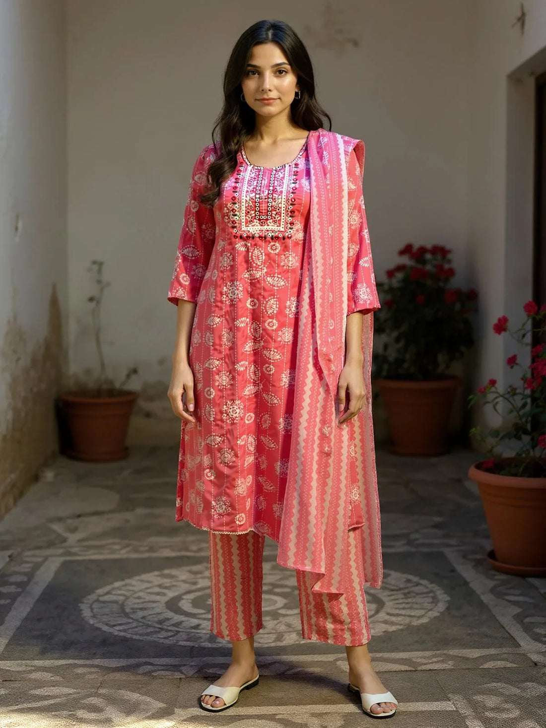 Buy Poly Cotton Embroidered Straight Calf Length Kurta with Pant and Dupatta-Pink