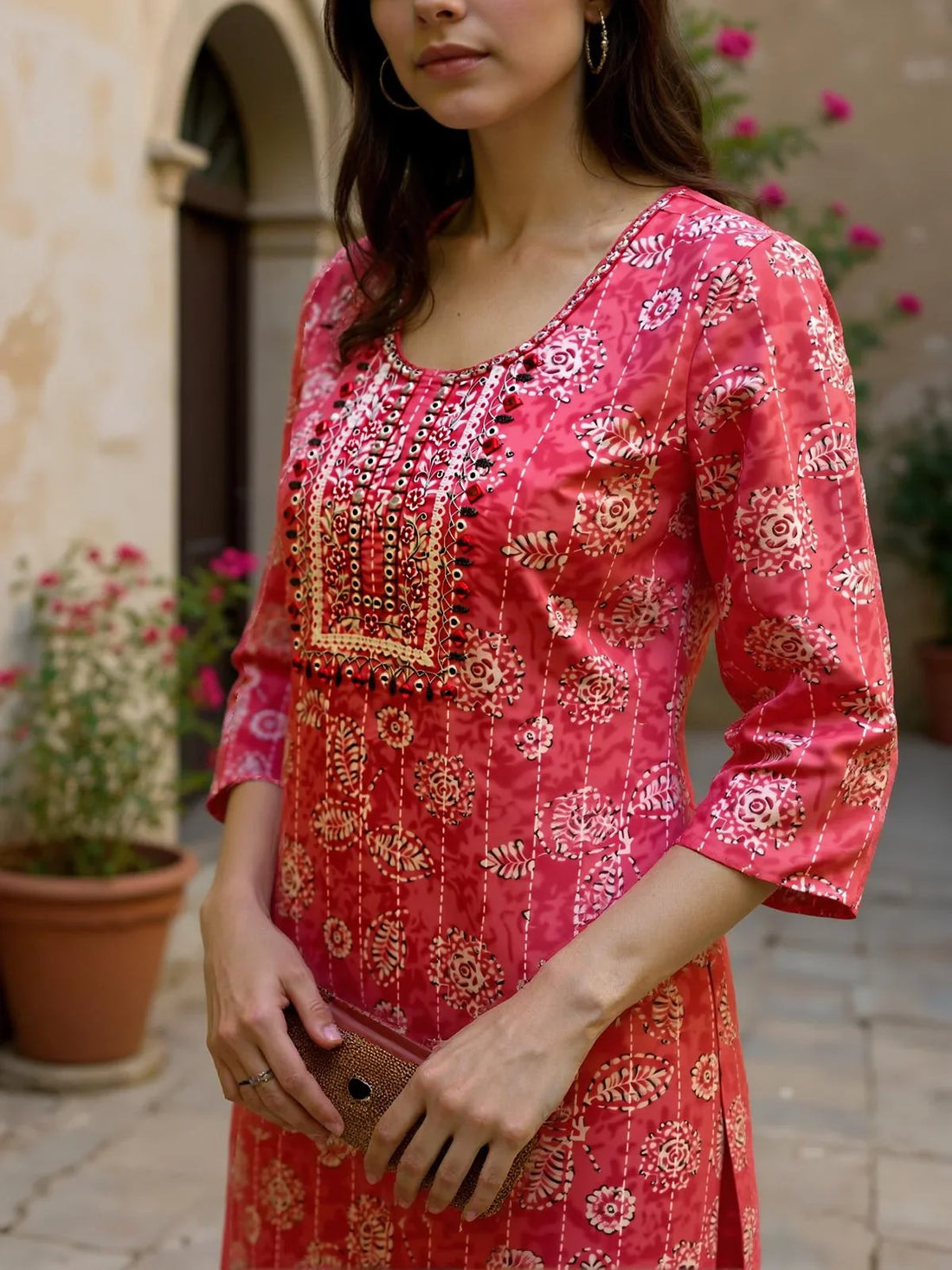 Buy Poly Cotton Embroidered Straight Calf Length Kurta with Pant and Dupatta-Pink