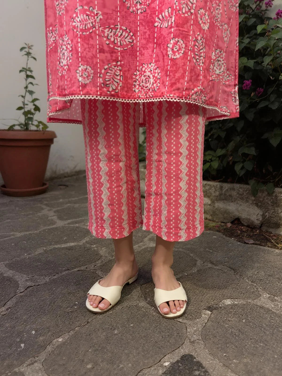 Buy Poly Cotton Embroidered Straight Calf Length Kurta with Pant and Dupatta-Pink