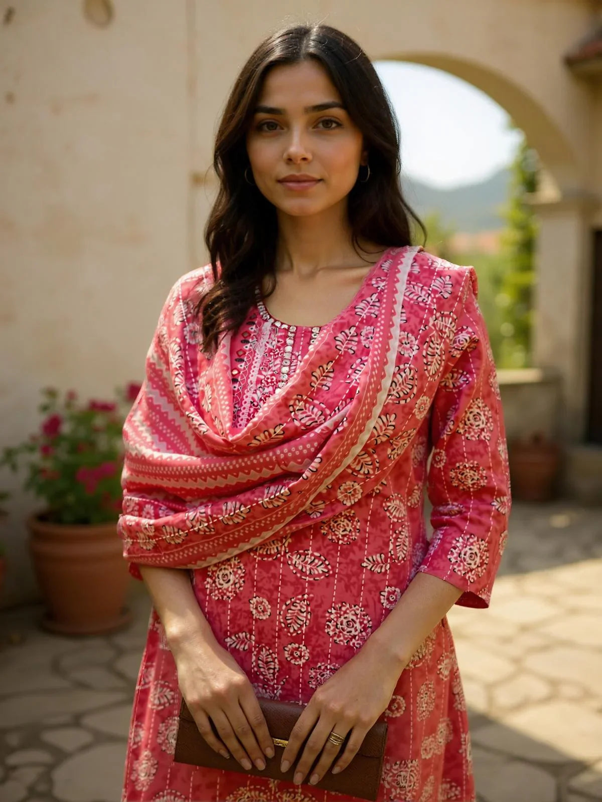 Buy Poly Cotton Embroidered Straight Calf Length Kurta with Pant and Dupatta-Pink