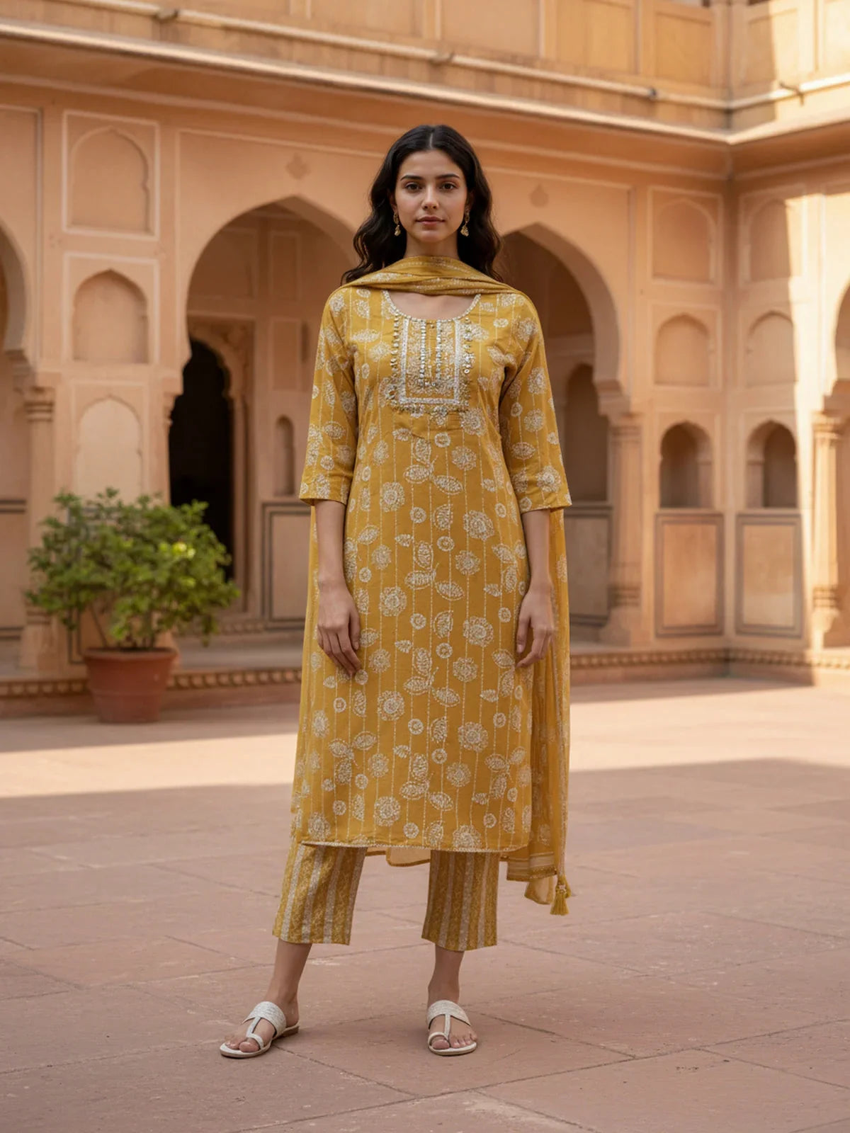 Buy Poly Cotton Embroidered Straight Calf Length Kurta with Pant and Dupatta-Mustard