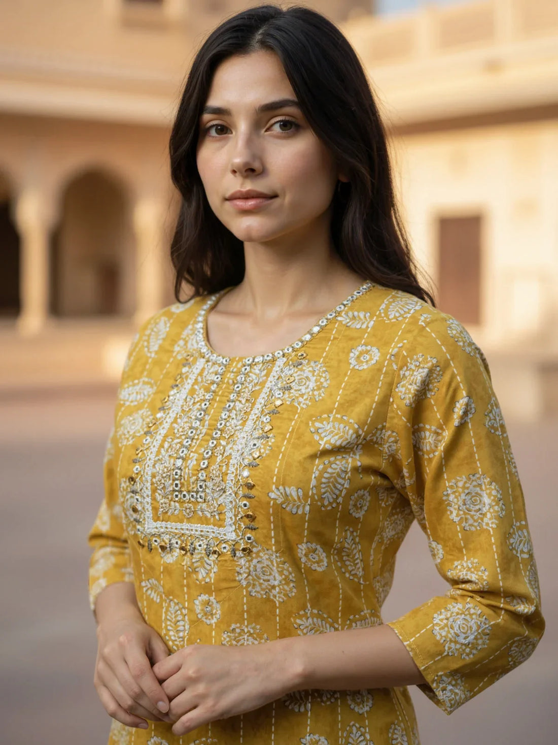 Buy Poly Cotton Embroidered Straight Calf Length Kurta with Pant and Dupatta-Mustard
