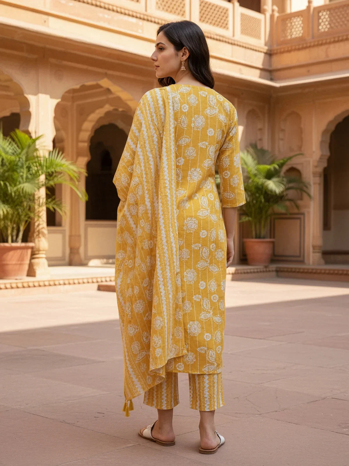 Buy Poly Cotton Embroidered Straight Calf Length Kurta with Pant and Dupatta-Mustard