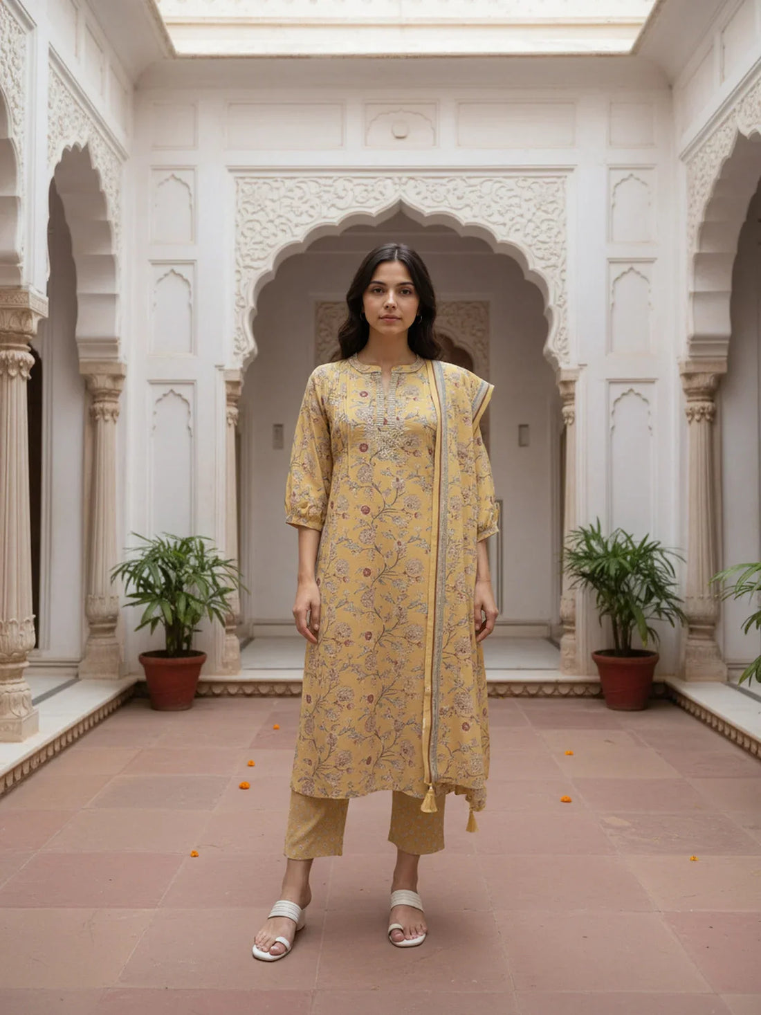 Buy Poly Cotton Embroidered Straight Calf Length Kurta with Pant and Dupatta-Mustard