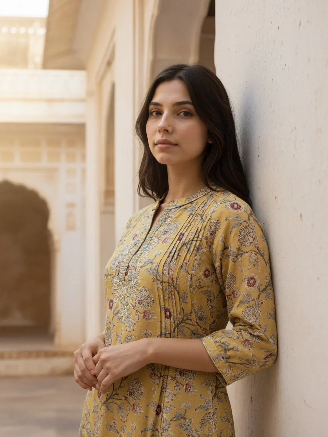 Buy Poly Cotton Embroidered Straight Calf Length Kurta with Pant and Dupatta-Mustard