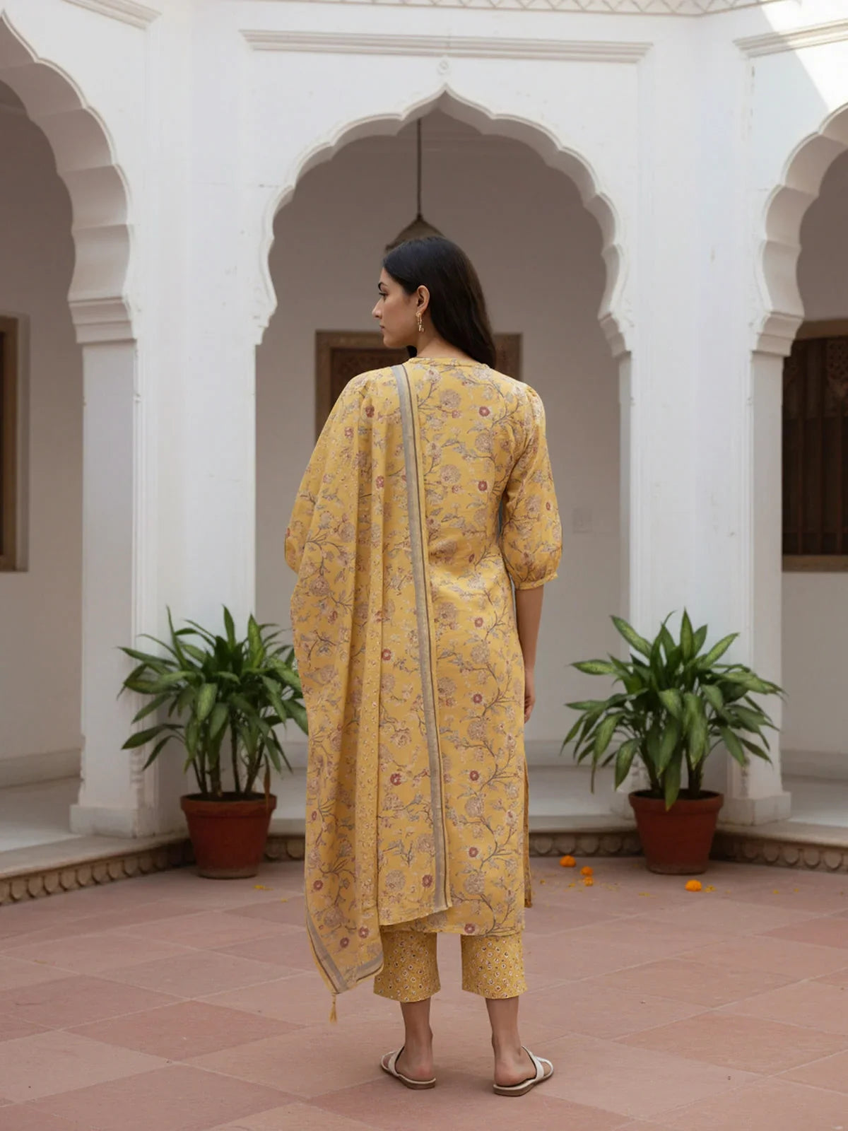 Buy Poly Cotton Embroidered Straight Calf Length Kurta with Pant and Dupatta-Mustard