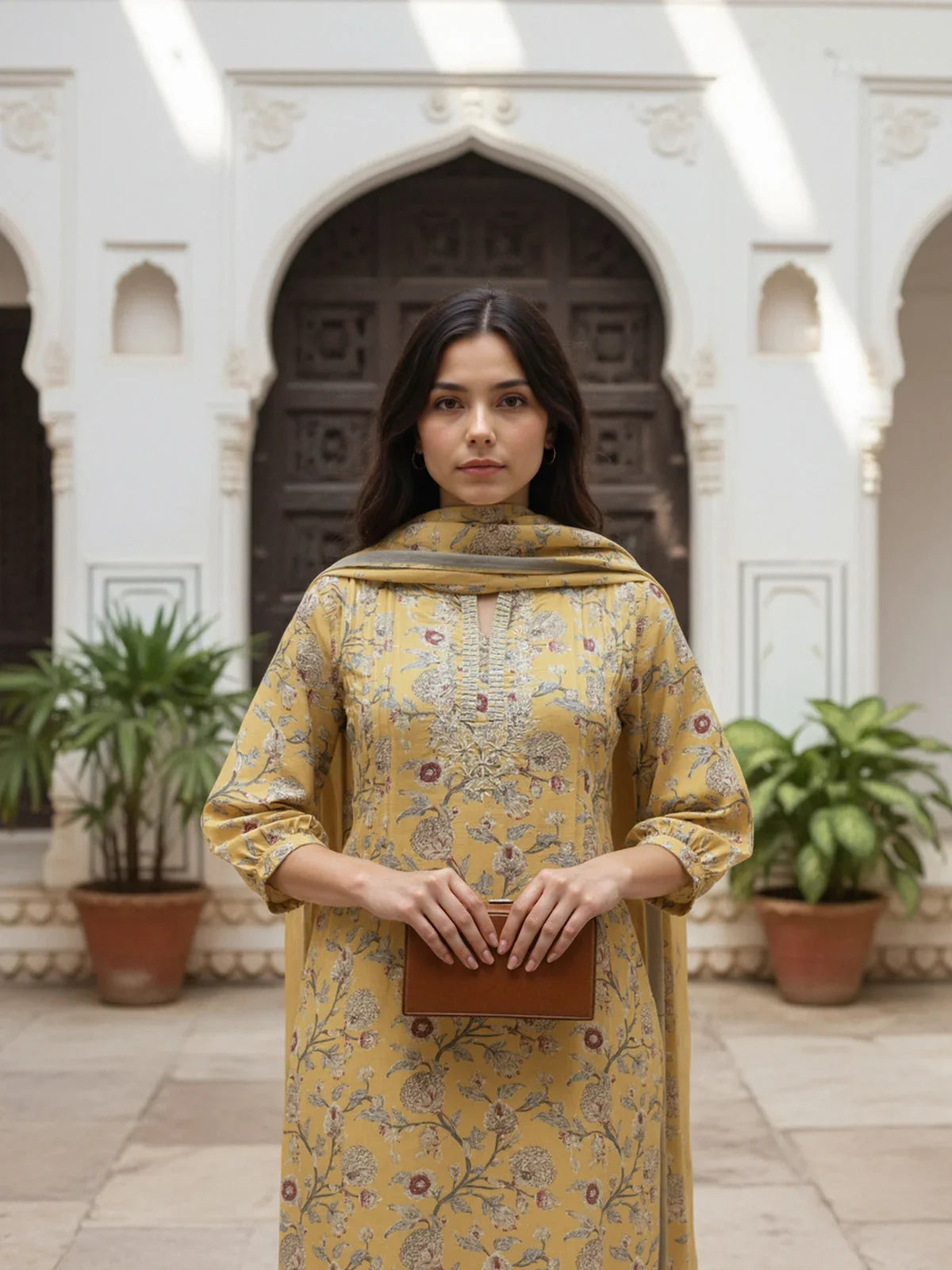Buy Poly Cotton Embroidered Straight Calf Length Kurta with Pant and Dupatta-Mustard