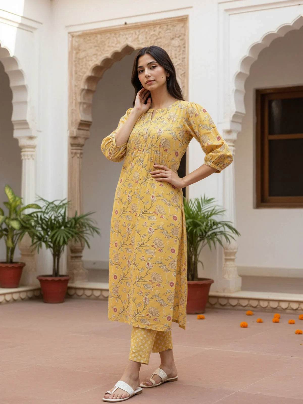 Buy Poly Cotton Embroidered Straight Calf Length Kurta with Pant and Dupatta-Mustard