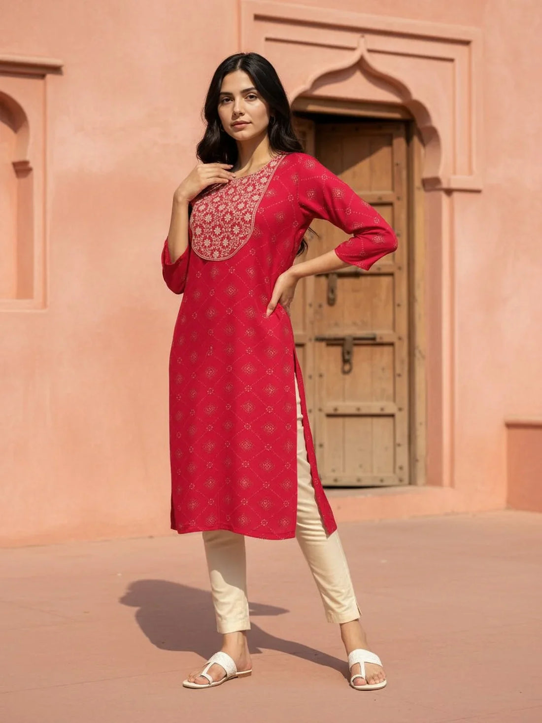 Buy Rayon Embroidered Straight Calf Length Kurta-Pink