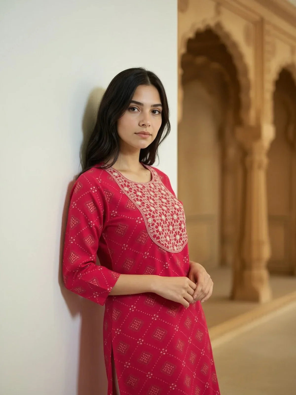 Buy Rayon Embroidered Straight Calf Length Kurta-Pink
